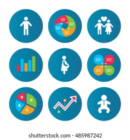 Business pie chart. Growth curve. Presentation buttons. Family lifetime icons. Couple love, pregnancy and birth of a child symbols. Human male person sign. Data analysis. Vector