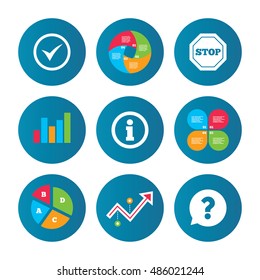 Business pie chart. Growth curve. Presentation buttons. Information icons. Stop prohibition and question FAQ mark speech bubble signs. Approved check mark symbol. Data analysis. Vector