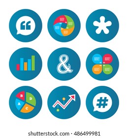 Business pie chart. Growth curve. Presentation buttons. Quote, asterisk footnote icons. Hashtag social media and ampersand symbols. Programming logical operator AND sign. Speech bubble. Data analysis