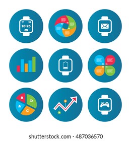 Business pie chart. Growth curve. Presentation buttons. Smart watch icons. Wrist digital time watch symbols. Mail, Game joystick and wi-fi signs. Data analysis. Vector