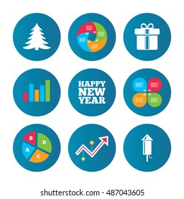 Business pie chart. Growth curve. Presentation buttons. Happy new year icon. Christmas tree and gift box signs. Fireworks rocket symbol. Data analysis. Vector