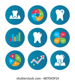 Business pie chart. Growth curve. Presentation buttons. Dental care icons. Caries tooth sign. Tooth endosseous implant symbol. Parodontosis gingivitis sign. Data analysis. Vector