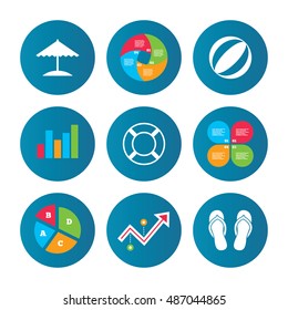 Business pie chart. Growth curve. Presentation buttons. Beach holidays icons. Ball, umbrella and flip-flops sandals signs. Lifebuoy symbol. Data analysis. Vector