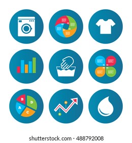 Business pie chart. Growth curve. Presentation buttons. Wash machine icon. Hand wash. T-shirt clothes symbol. Laundry washhouse and water drop signs. Not machine washable. Data analysis. Vector