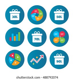 Business pie chart. Growth curve. Presentation buttons. Sale gift box tag icons. Discount special offer symbols. 30%, 50%, 70% and 90% percent discount signs. Data analysis. Vector