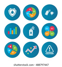 Business pie chart. Growth curve. Presentation buttons. Bug disinfection icons. Caution attention and shield symbols. Insect fumigation spray sign. Data analysis. Vector