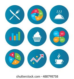 Business pie chart. Growth curve. Presentation buttons. Food and drink icons. Muffin cupcake symbol. Fork and knife sign. Hot coffee cup. Food platter serving. Data analysis. Vector