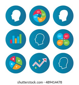 Business pie chart. Growth curve. Presentation buttons. Head icons. Male and female human sign symbols. Data analysis. Vector