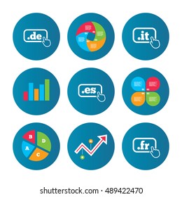 Business pie chart. Growth curve. Presentation buttons. Top-level internet domain icons. De, It, Es and Fr symbols with hand pointer. Unique national DNS names. Data analysis. Vector