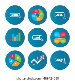 Business pie chart. Growth curve. Presentation buttons. Top-level internet domain icons. Com, Eu, Net and Org symbols with cursor pointer. Unique DNS names. Data analysis. Vector