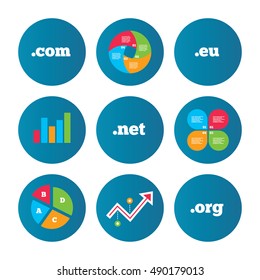 Business pie chart. Growth curve. Presentation buttons. Top-level internet domain icons. Com, Eu, Net and Org symbols. Unique DNS names. Data analysis. Vector