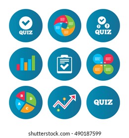 Business pie chart. Growth curve. Presentation buttons. Quiz icons. Checklist with check mark symbol. Survey poll or questionnaire feedback form sign. Data analysis. Vector