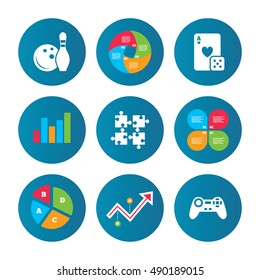 Business pie chart. Growth curve. Presentation buttons. Bowling and Casino icons. Video game joystick and playing card with puzzles pieces symbols. Entertainment signs. Data analysis. Vector