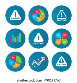 Business pie chart. Growth curve. Presentation buttons. Attention caution icons. Hazard warning symbols. Exclamation sign. Data analysis. Vector