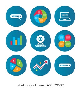 Business pie chart. Growth curve. Presentation buttons. Webinar icons. Web camera and notebook pc signs. Website e-learning or online study symbols. Data analysis. Vector