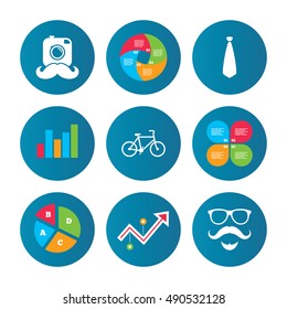 Business pie chart. Growth curve. Presentation buttons. Hipster photo camera. Mustache with beard icon. Glasses and tie symbols. Bicycle family vehicle sign. Data analysis. Vector