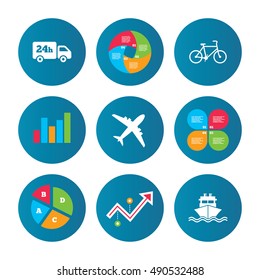 Business pie chart. Growth curve. Presentation buttons. Cargo truck and shipping icons. Shipping and eco bicycle delivery signs. Transport symbols. 24h service. Data analysis. Vector