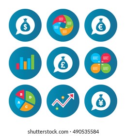 Business pie chart. Growth curve. Presentation buttons. Money bag icons. Dollar, Euro, Pound and Yen speech bubbles symbols. USD, EUR, GBP and JPY currency signs. Data analysis. Vector
