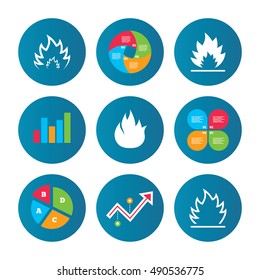 Business pie chart. Growth curve. Presentation buttons. Fire flame icons. Heat symbols. Inflammable signs. Data analysis. Vector