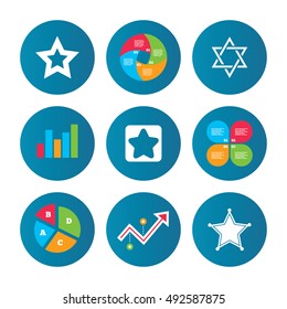 Business pie chart. Growth curve. Presentation buttons. Star of David icons. Sheriff police sign. Symbol of Israel. Data analysis. Vector