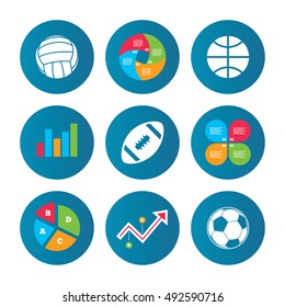Business pie chart. Growth curve. Presentation buttons. Sport balls icons. Volleyball, Basketball, Soccer and American football signs. Team sport games. Data analysis. Vector