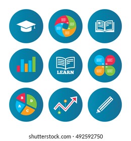 Business pie chart. Growth curve. Presentation buttons. Pencil and open book icons. Graduation cap symbol. Higher education learn signs. Data analysis. Vector