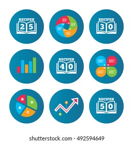 Business pie chart. Growth curve. Presentation buttons. Cookbook icons. 25, 30, 40 and 50 recipes book sign symbols. Data analysis. Vector