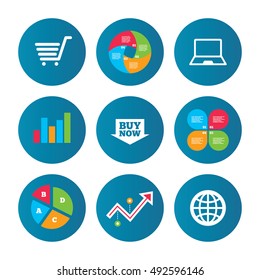 Business pie chart. Growth curve. Presentation buttons. Online shopping icons. Notebook pc, shopping cart, buy now arrow and internet signs. WWW globe symbol. Data analysis. Vector