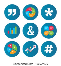 Business pie chart. Growth curve. Presentation buttons. Quote, asterisk footnote icons. Hashtag social media and ampersand symbols. Programming logical operator AND sign. Data analysis. Vector