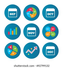 Business pie chart. Growth curve. Presentation buttons. Calendar icons. September, November, October and December month symbols. Date or event reminder sign. Data analysis. Vector