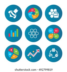 Business pie chart. Growth curve. Presentation buttons. Honey icon. Honeycomb cells with bees symbol. Sweet natural food signs. Data analysis. Vector