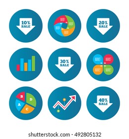 Business pie chart. Growth curve. Presentation buttons. Sale arrow tag icons. Discount special offer symbols. 10%, 20%, 30% and 40% percent sale signs. Data analysis. Vector