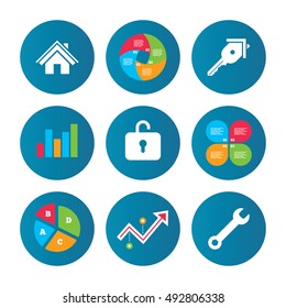 Business pie chart. Growth curve. Presentation buttons. Home key icon. Wrench service tool symbol. Locker sign. Main page web navigation. Data analysis. Vector