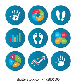 Business pie chart. Growth curve. Presentation buttons. Hand and foot print icons. Imprint shoes and barefoot symbols. Stop do not enter sign. Data analysis. Vector