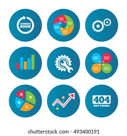 Business pie chart. Growth curve. Presentation buttons. Coming soon rotate arrow icon. Repair service tool and gear symbols. Wrench sign. 404 Not found. Data analysis. Vector