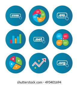 Business pie chart. Growth curve. Presentation buttons. Top-level internet domain icons. Com, Eu, Net and Org symbols with hand pointer. Unique DNS names. Data analysis. Vector