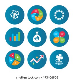 Business pie chart. Growth curve. Presentation buttons. Saint Patrick day icons. Money bag with clover sign. Wreath of quatrefoil clovers. Symbol of good luck. Data analysis. Vector
