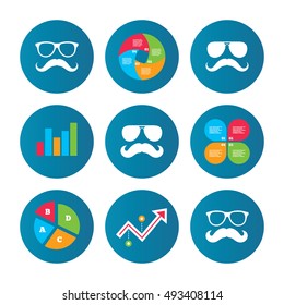 Business pie chart. Growth curve. Presentation buttons. Mustache and Glasses icons. Hipster symbols. Facial hair signs. Data analysis. Vector