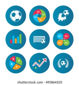 Business pie chart. Growth curve. Presentation buttons. Football icons. Soccer ball sport sign. Goalkeeper gate symbol. Winner award laurel wreath. Goalscorer fireball. Data analysis. Vector