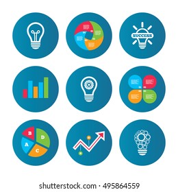 Business pie chart. Growth curve. Presentation buttons. Light lamp icons. Circles lamp bulb symbols. Energy saving with cogwheel gear. Idea and success sign. Data analysis. Vector