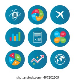 Business pie chart. Growth curve. Presentation buttons. Airplane icons. World globe symbol. Boarding pass flight sign. Airport ticket with QR code. Data analysis. Vector