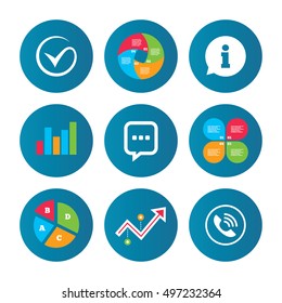 Business pie chart. Growth curve. Presentation buttons. Check or Tick icon. Phone call and Information signs. Support communication chat bubble symbol. Data analysis. Vector