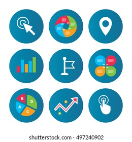 Business pie chart. Growth curve. Presentation buttons. Mouse cursor icon. Hand or Flag pointer symbols. Map location marker sign. Data analysis. Vector