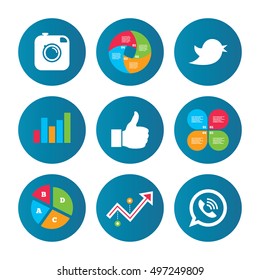Business pie chart. Growth curve. Presentation buttons. Hipster photo camera icon. Like and Call speech bubble sign. Bird symbol. Social media icons. Data analysis. Vector