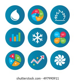 Business pie chart. Growth curve. Presentation buttons. HVAC icons. Heating, ventilating and air conditioning symbols. Water supply. Climate control technology signs. Data analysis. Vector