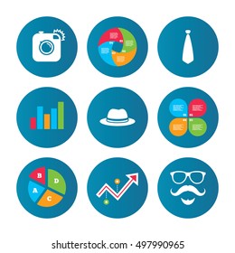 Business pie chart. Growth curve. Presentation buttons. Hipster photo camera. Mustache with beard icon. Glasses and tie symbols. Classic hat headdress sign. Data analysis. Vector