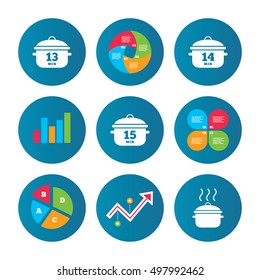 Business pie chart. Growth curve. Presentation buttons. Cooking pan icons. Boil 13, 14 and 15 minutes signs. Stew food symbol. Data analysis. Vector