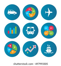 Business pie chart. Growth curve. Presentation buttons. Transport icons. Car, Airplane, Public bus and Ship signs. Shipping delivery symbol. Air mail delivery sign. Data analysis. Vector