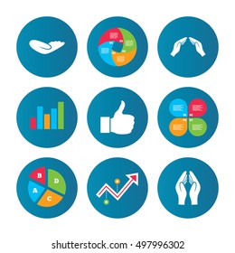 Business pie chart. Growth curve. Presentation buttons. Hand icons. Like thumb up symbol. Insurance protection sign. Human helping donation hand. Prayer hands. Data analysis. Vector