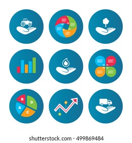 Business pie chart. Growth curve. Presentation buttons. Helping hands icons. Agricultural tractor insurance symbol. Delivery truck sign. Save nature forest. Water drop. Data analysis. Vector